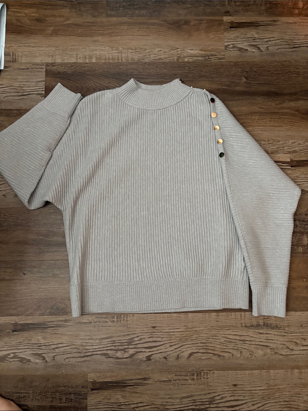 Tahari Ribbed Mock Neck Sweater with Gold Shoulder Buttons - Light Beige